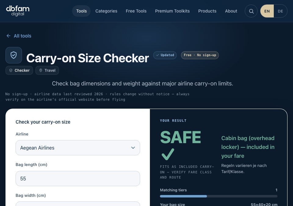 Carry-on Size Checker interface