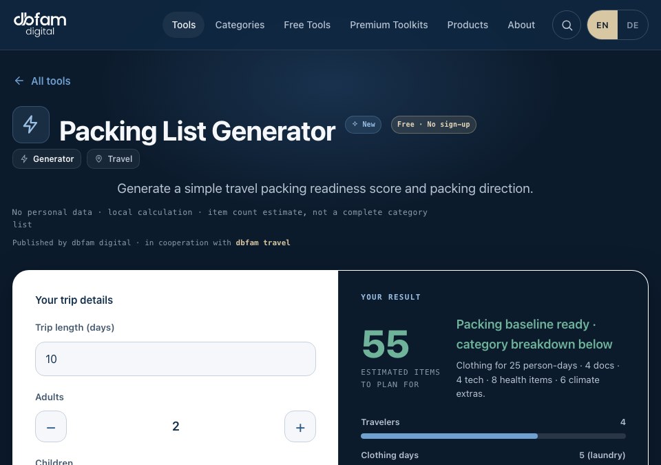 Packing List Generator interface